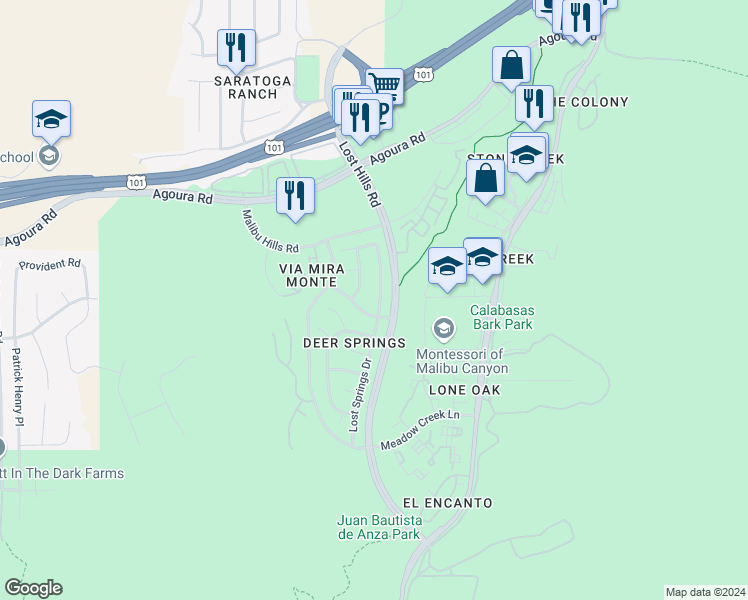 map of restaurants, bars, coffee shops, grocery stores, and more near 4117 Lost Springs Drive in Agoura Hills