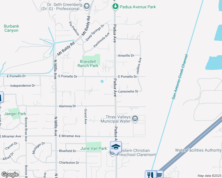 map of restaurants, bars, coffee shops, grocery stores, and more near 3611 Padua Avenue in Claremont