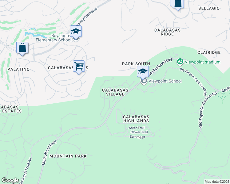 map of restaurants, bars, coffee shops, grocery stores, and more near 23777 Mulholland Highway in Calabasas
