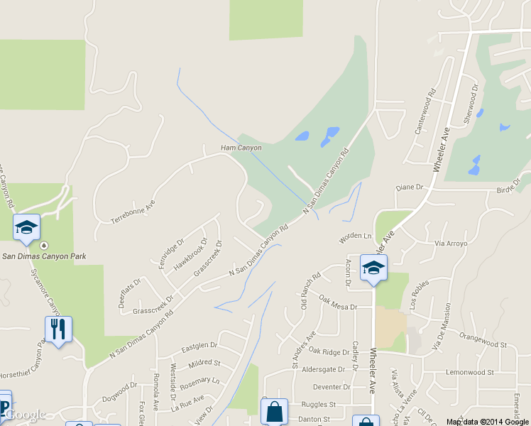map of restaurants, bars, coffee shops, grocery stores, and more near 2040 Whitebluff Drive in San Dimas