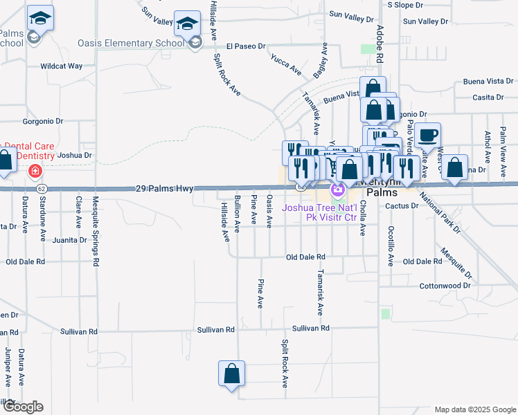 map of restaurants, bars, coffee shops, grocery stores, and more near 6545 Pine Avenue in Twentynine Palms