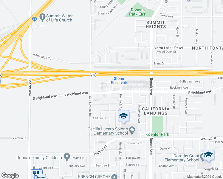 map of restaurants, bars, coffee shops, grocery stores, and more near 6589 Grotto Lane in Fontana