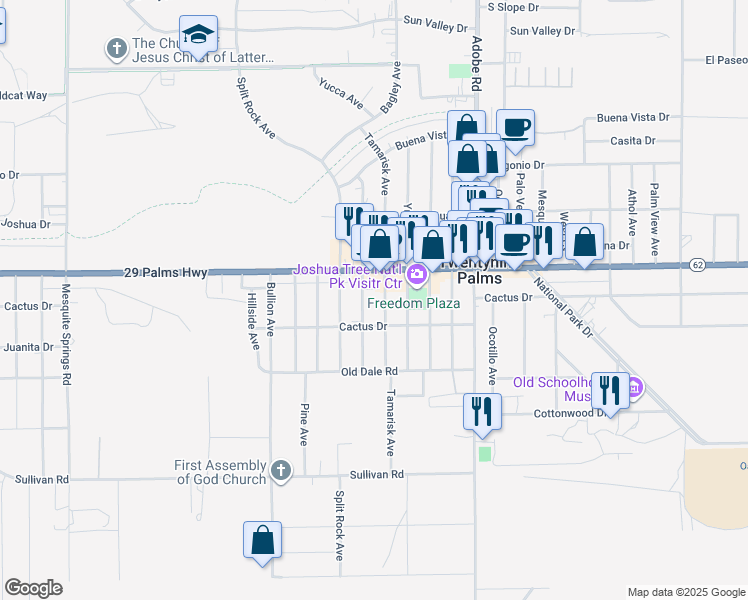 map of restaurants, bars, coffee shops, grocery stores, and more near 6579 Tamarisk Avenue in Twentynine Palms