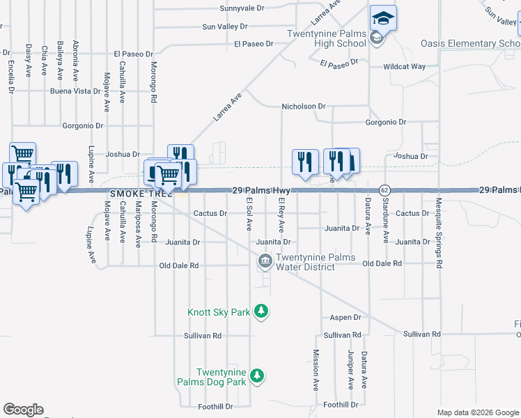 map of restaurants, bars, coffee shops, grocery stores, and more near 6571 El Sol Avenue in Twentynine Palms