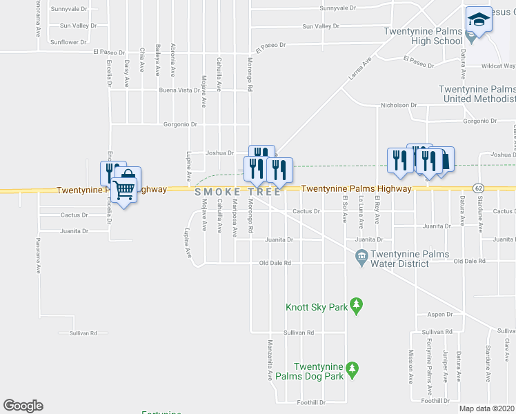 map of restaurants, bars, coffee shops, grocery stores, and more near 6580 Morongo Road in Twentynine Palms