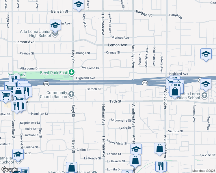 map of restaurants, bars, coffee shops, grocery stores, and more near 6625 Sugar Pine Place in Rancho Cucamonga