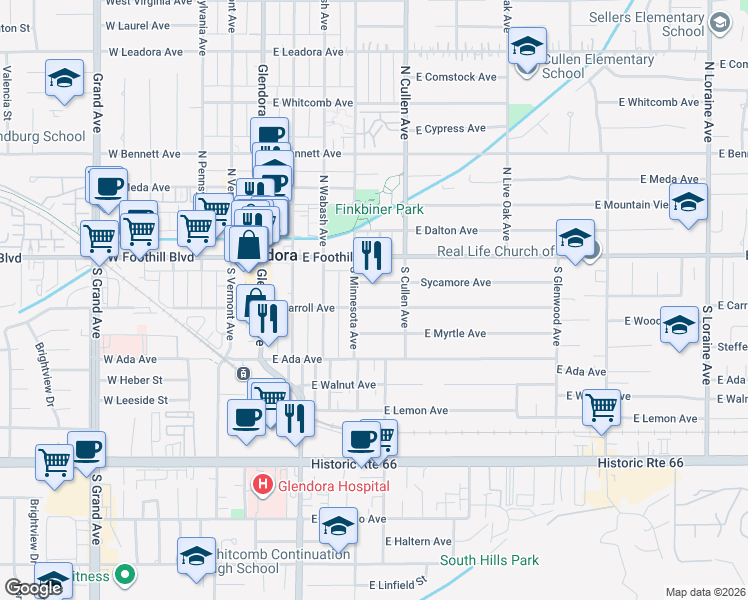map of restaurants, bars, coffee shops, grocery stores, and more near 408 East Carroll Avenue in Glendora