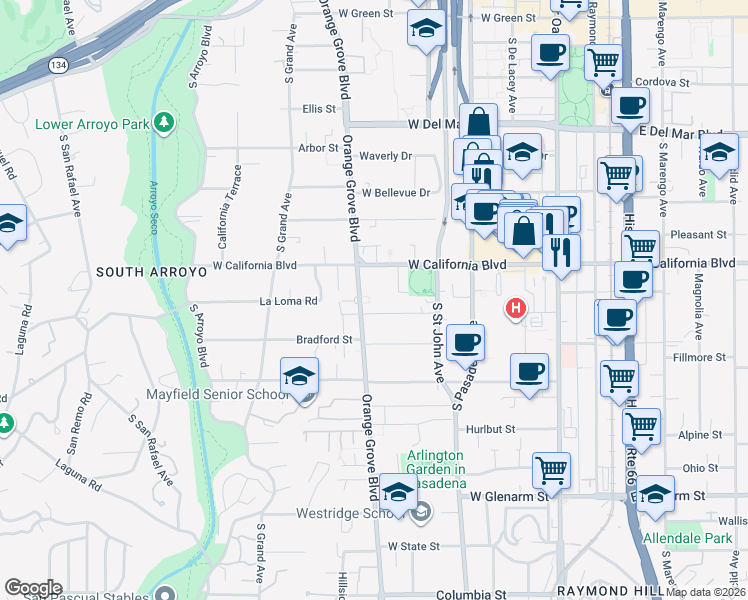 map of restaurants, bars, coffee shops, grocery stores, and more near 360 Congress Place in Pasadena
