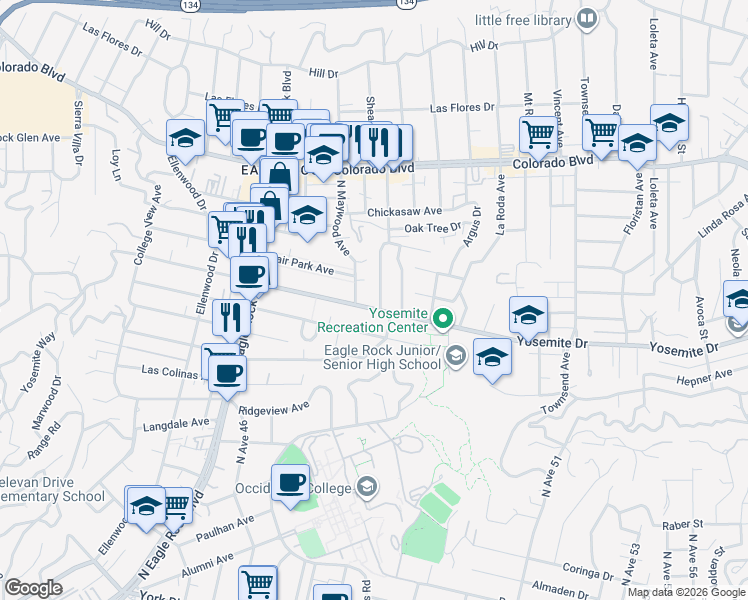 map of restaurants, bars, coffee shops, grocery stores, and more near 1942 Yosemite Drive in Los Angeles
