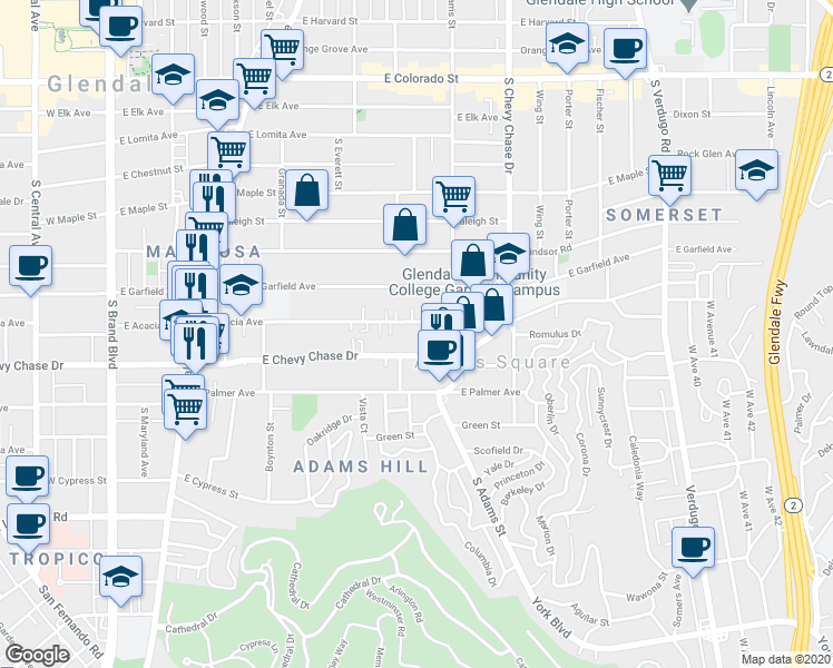map of restaurants, bars, coffee shops, grocery stores, and more near 907 East Chevy Chase Drive in Glendale