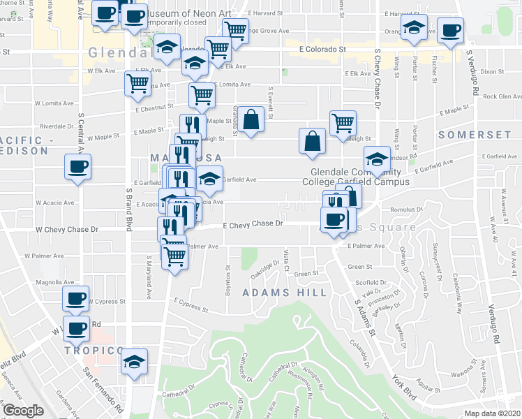 map of restaurants, bars, coffee shops, grocery stores, and more near in Glendale