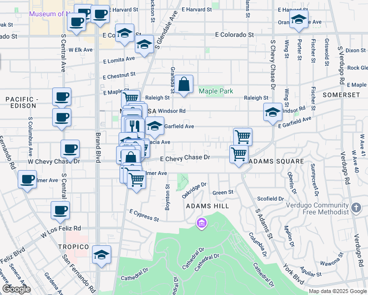 map of restaurants, bars, coffee shops, grocery stores, and more near 601 East Chevy Chase Drive in Glendale