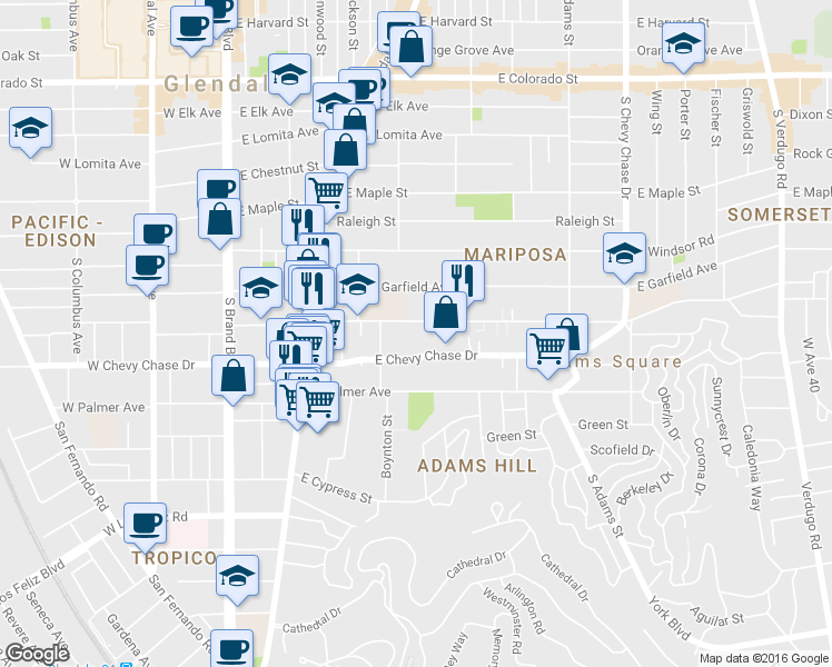 map of restaurants, bars, coffee shops, grocery stores, and more near 601 East Chevy Chase Drive in Glendale