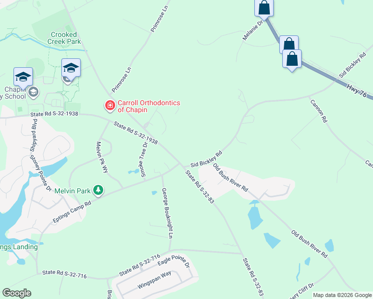 map of restaurants, bars, coffee shops, grocery stores, and more near 631 Sid Bickley Road in Chapin