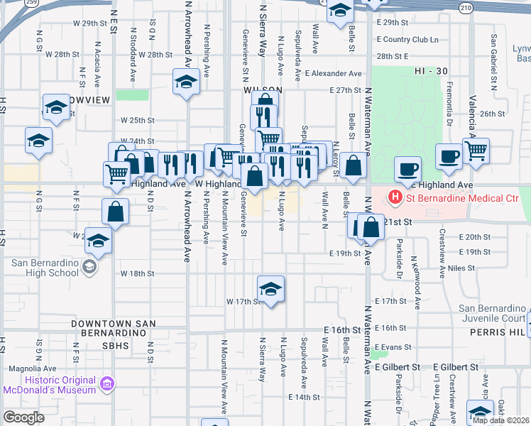map of restaurants, bars, coffee shops, grocery stores, and more near 2125 North Sierra Way in San Bernardino