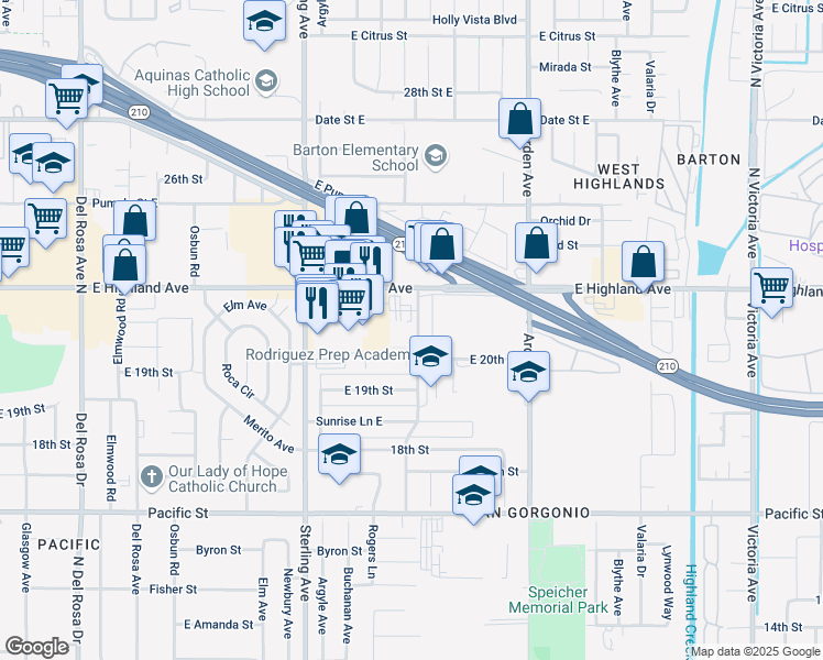 map of restaurants, bars, coffee shops, grocery stores, and more near 2020 Guthrie Street in San Bernardino