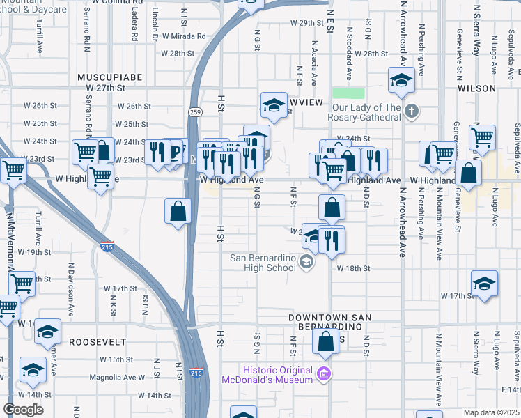 map of restaurants, bars, coffee shops, grocery stores, and more near 695 West 21st Street in San Bernardino