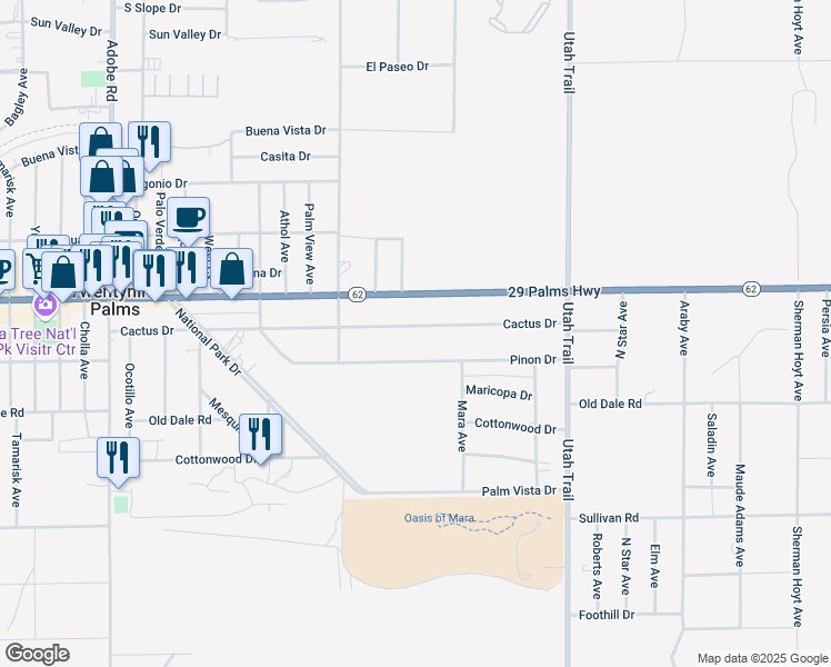 map of restaurants, bars, coffee shops, grocery stores, and more near 2 Cactus Drive in Twentynine Palms
