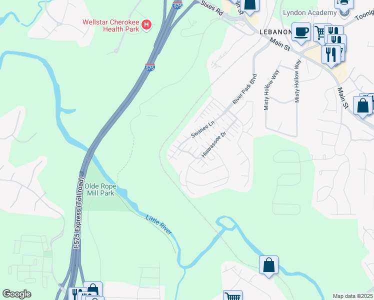 map of restaurants, bars, coffee shops, grocery stores, and more near 310 Hiawassee Drive in Woodstock