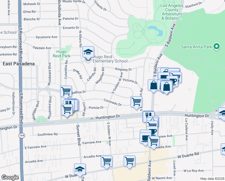 map of restaurants, bars, coffee shops, grocery stores, and more near 901 Balboa Drive in Arcadia