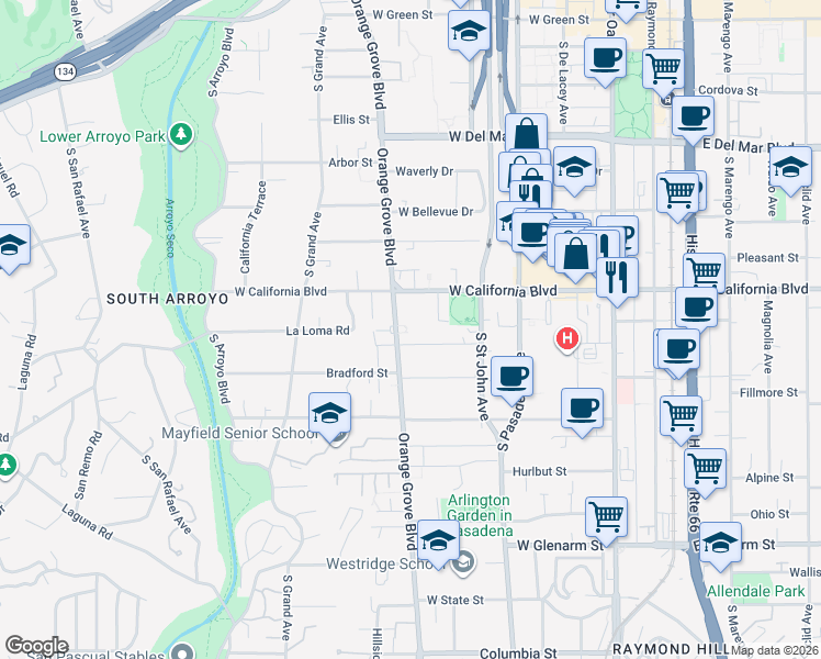 map of restaurants, bars, coffee shops, grocery stores, and more near 360 Congress Place in Pasadena