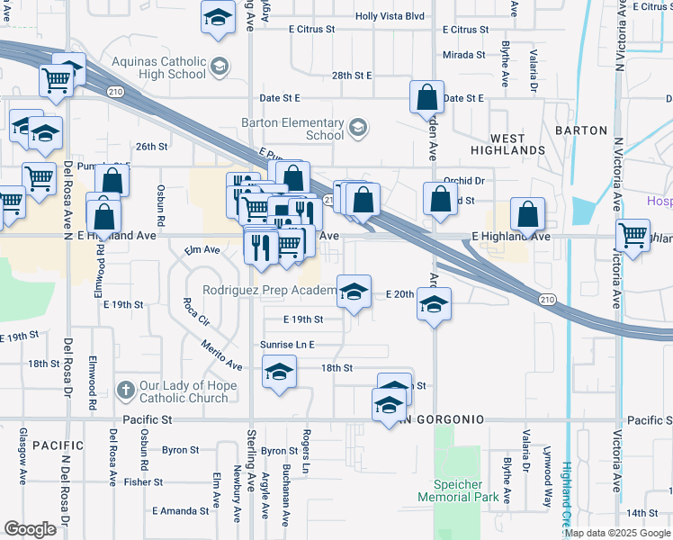 map of restaurants, bars, coffee shops, grocery stores, and more near 2020 Guthrie Street North in San Bernardino