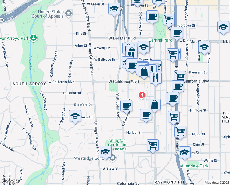 map of restaurants, bars, coffee shops, grocery stores, and more near 651 South Saint John Avenue in Pasadena