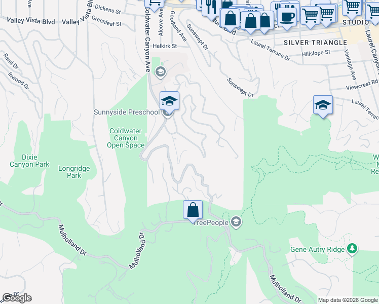 map of restaurants, bars, coffee shops, grocery stores, and more near 3274 Coldwater Canyon Avenue in Los Angeles
