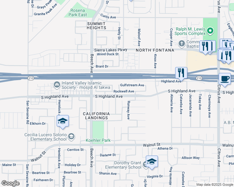 map of restaurants, bars, coffee shops, grocery stores, and more near 15539 Rockwell Avenue in Fontana