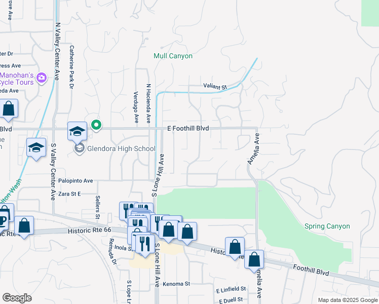 map of restaurants, bars, coffee shops, grocery stores, and more near 156 Glengrove Avenue in Glendora