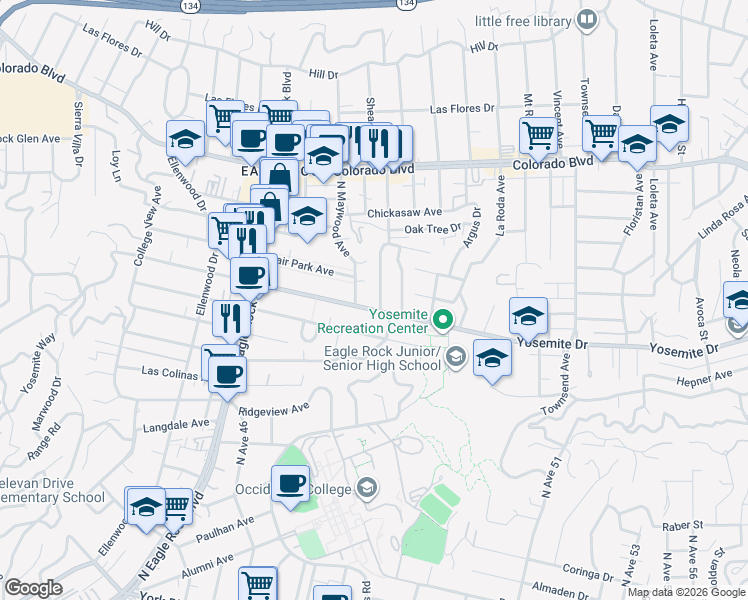 map of restaurants, bars, coffee shops, grocery stores, and more near 1942 Yosemite Drive in Los Angeles