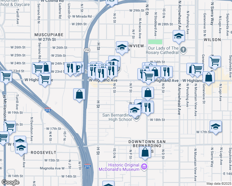 map of restaurants, bars, coffee shops, grocery stores, and more near 695 West 21st Street in San Bernardino