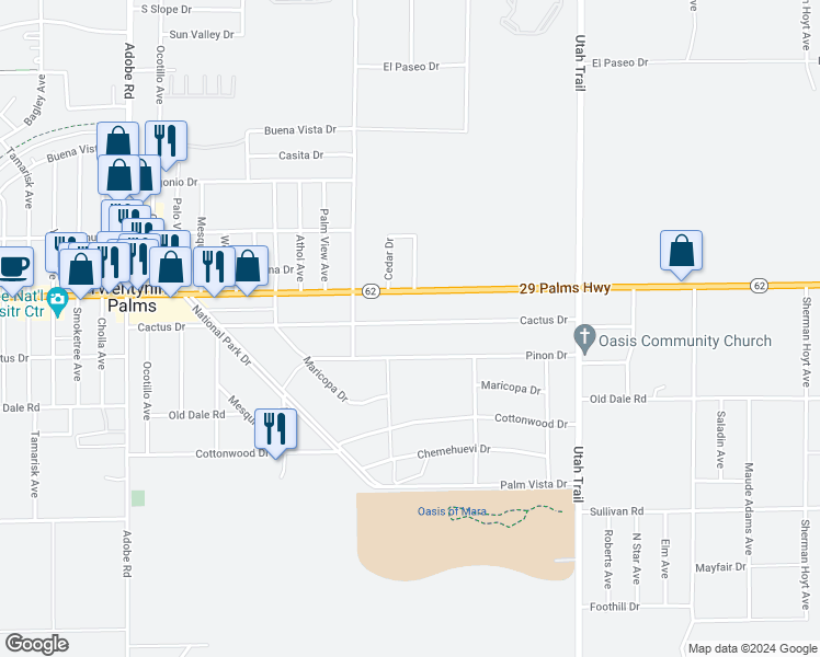 map of restaurants, bars, coffee shops, grocery stores, and more near 74203 Cactus Drive in Twentynine Palms