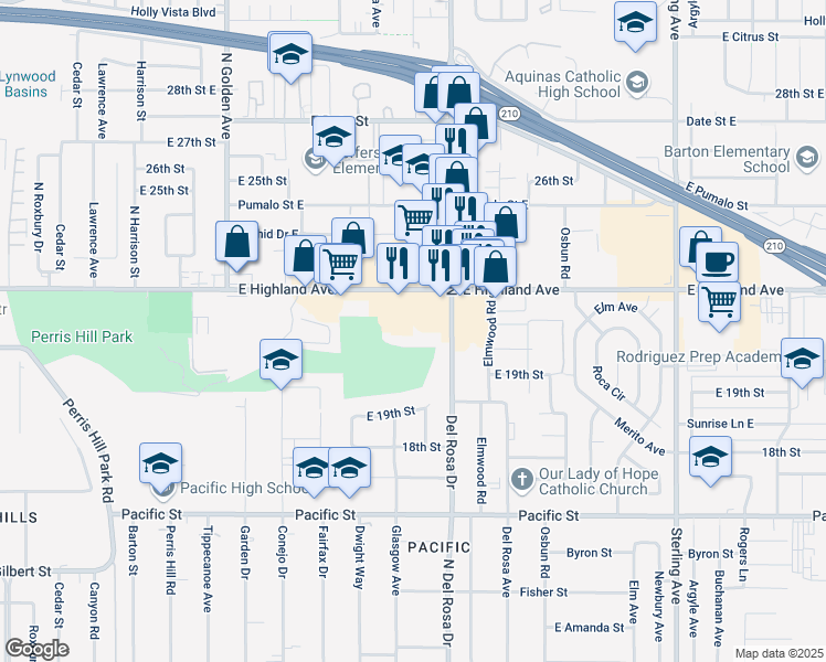 map of restaurants, bars, coffee shops, grocery stores, and more near 2018 Del Rosa Avenue in San Bernardino