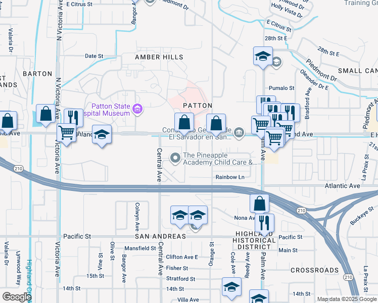 map of restaurants, bars, coffee shops, grocery stores, and more near 2137 Pepper Drive in Highland