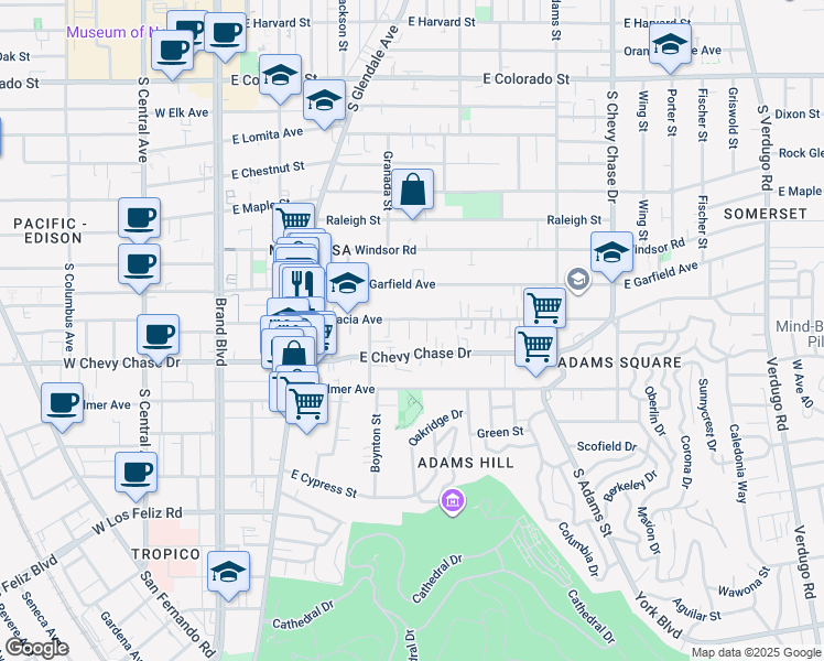 map of restaurants, bars, coffee shops, grocery stores, and more near 614 East Acacia Avenue in Glendale
