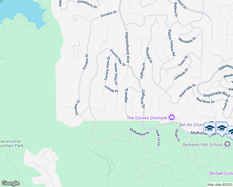 map of restaurants, bars, coffee shops, grocery stores, and more near 3521 Green Vista Drive in Los Angeles