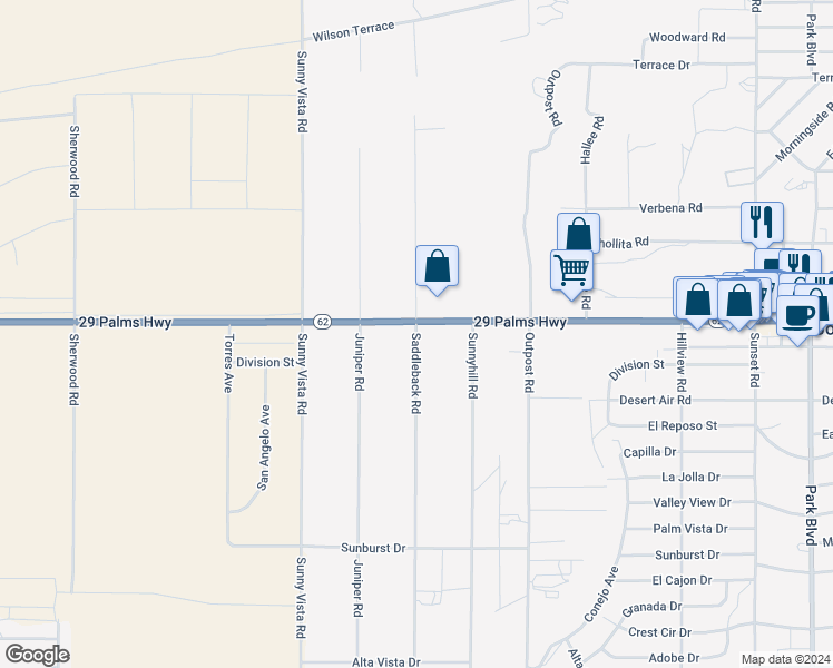map of restaurants, bars, coffee shops, grocery stores, and more near 6563 Saddleback Road in Joshua Tree