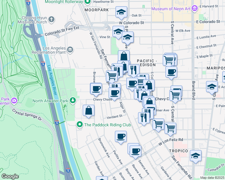 map of restaurants, bars, coffee shops, grocery stores, and more near 4509 Alger Street in Los Angeles