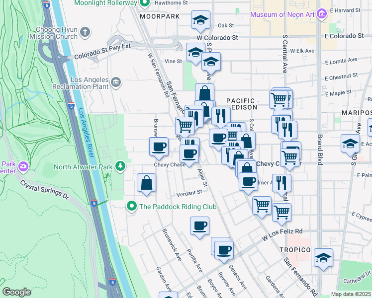 map of restaurants, bars, coffee shops, grocery stores, and more near 4509 Alger Street in Los Angeles