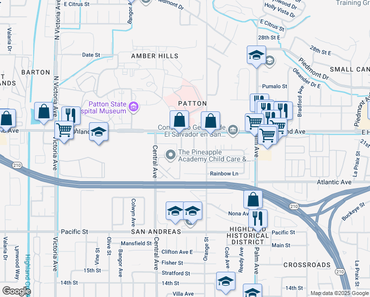 map of restaurants, bars, coffee shops, grocery stores, and more near 2137 Pepper Drive in Highland
