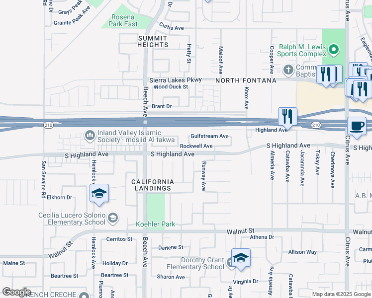 map of restaurants, bars, coffee shops, grocery stores, and more near 15539 Rockwell Avenue in Fontana