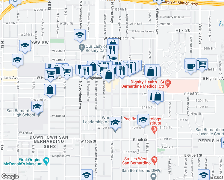 map of restaurants, bars, coffee shops, grocery stores, and more near 2125 North Sierra Way in San Bernardino