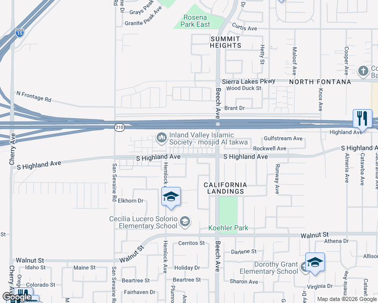 map of restaurants, bars, coffee shops, grocery stores, and more near 15264 Rosewood Circle in Fontana