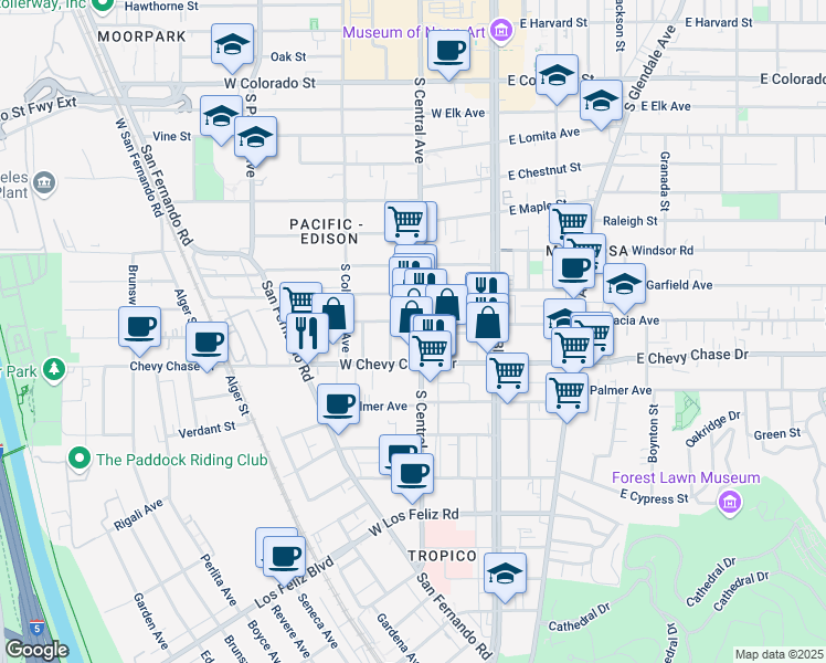 map of restaurants, bars, coffee shops, grocery stores, and more near 312 West Chevy Chase Drive in Glendale