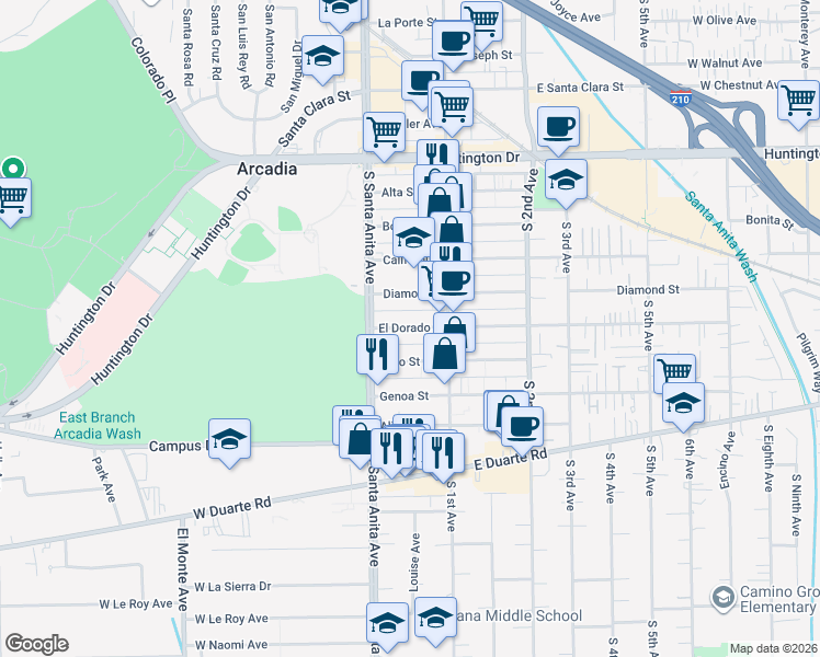 map of restaurants, bars, coffee shops, grocery stores, and more near 50 Eldorado Street in Arcadia