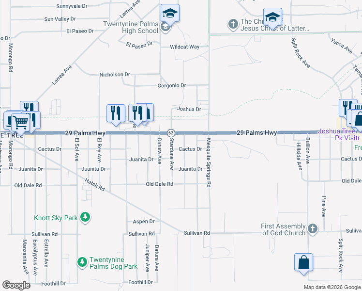 map of restaurants, bars, coffee shops, grocery stores, and more near 6546 Rose Ellen Avenue in Twentynine Palms