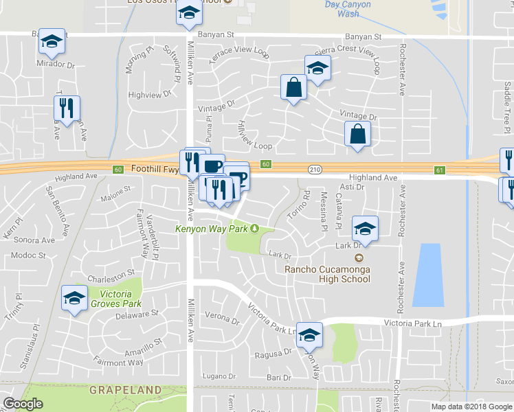 map of restaurants, bars, coffee shops, grocery stores, and more near 11497 Cotton Cloud Drive in Rancho Cucamonga