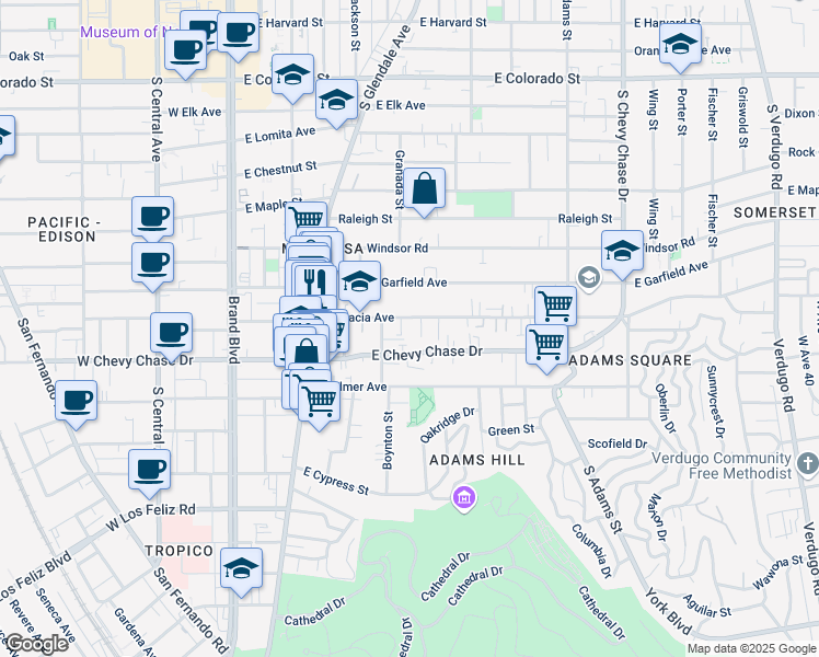 map of restaurants, bars, coffee shops, grocery stores, and more near 600 East Acacia Avenue in Glendale