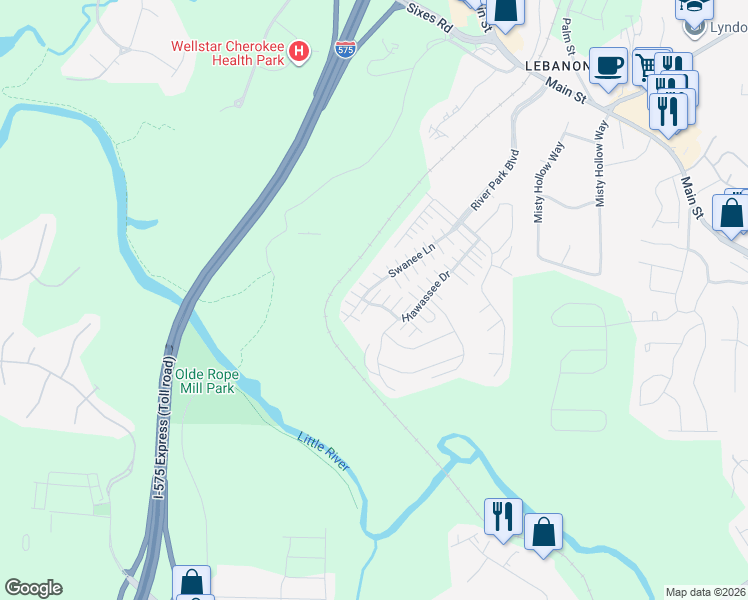 map of restaurants, bars, coffee shops, grocery stores, and more near 318 Hiawassee Drive in Woodstock